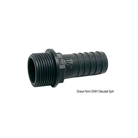 Male hose connector in polypropylene.