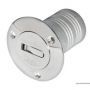 Flush-mounted chrome-plated brass utility cap with hinged opening.