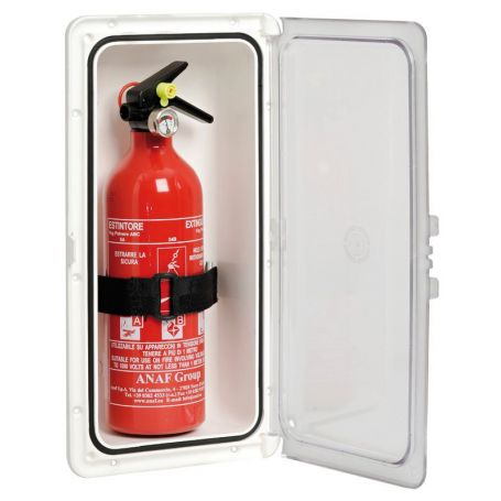 Useless fire extinguisher cabinet with closed door.