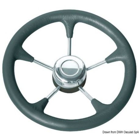 Soft polyurethane steering wheel with stainless steel spokes.