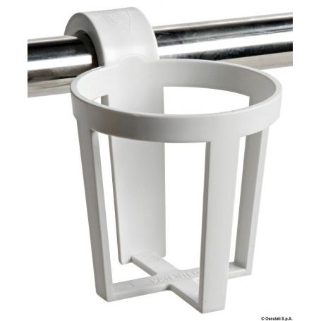 Universal plastic cup holder to be snapped onto pulpits or railings.