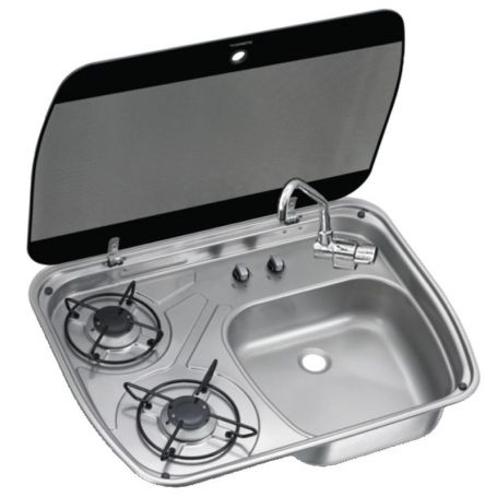 Stainless steel SMEV/DOMETIC cooktop with smoked tempered glass lid.