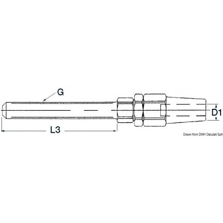 Terminal to be inserted into tensioners with right-hand metric thread.