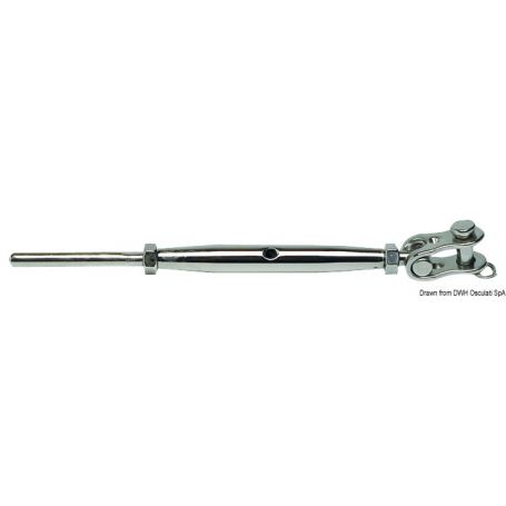 Tensioner with a hinged fork and crimping terminal.