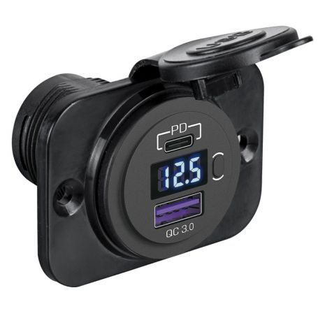 Digital voltmeter/ammeter and power outlets with recessed installation.