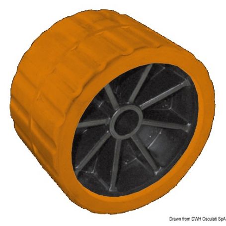 Side roller with technopolymer core and polypropylene/rubber composite exterior.