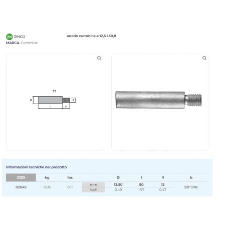 ANODO CUMMINS D.12,5  L.50 3/8 UNC