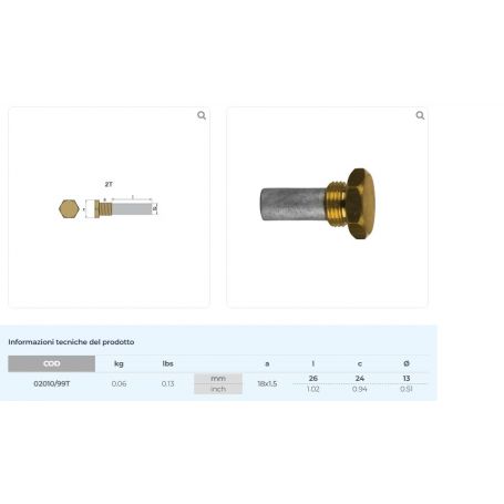 AIFO anode, 14 mm diameter, complete with brass cap