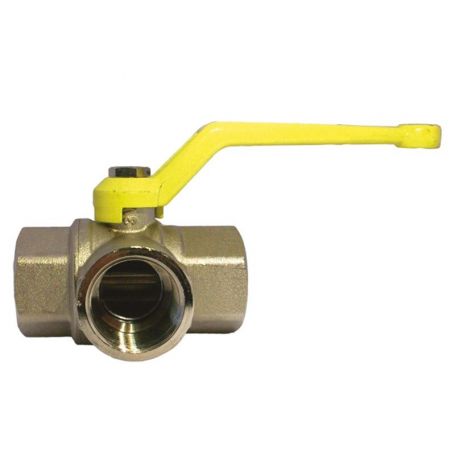 VALVE. THREE-WAY BALL VALVE FFF 3-4" L WITH YELLOW HANDLE.