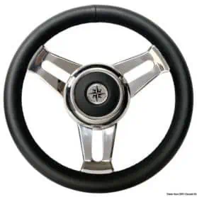 Steering wheel with stainless steel spokes.