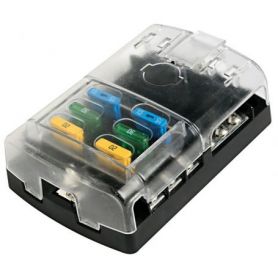 Polycarbonate fuse box with transparent snap-on cover.