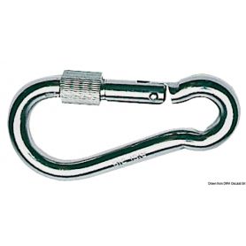 Stainless steel carabiner with screw lock sleeve.