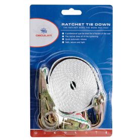 Colored polyester strap with hooks and ratchet.
