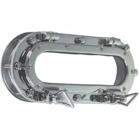 Oval-shaped lock with a 24 mm neck and dimensions of 50 x 185, chrome-plated.